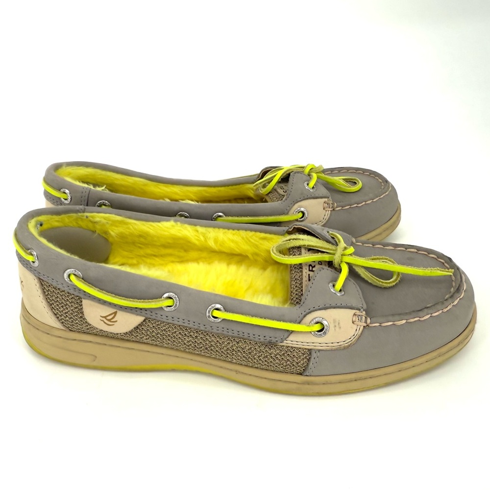 Sperry Gray and Neon Yellow Fuzzy Loafers
